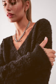 Fluffy v Neck Knit Jumper in Black