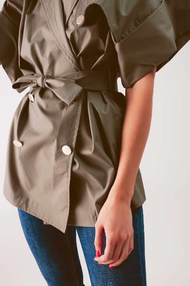 Belted Jacket With Drop Shoulder in Khaki