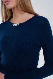 Crew Neck Ribbed Sweater in Navy