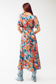 Wrap Maxi Belted Dress With Floral Print in Orange