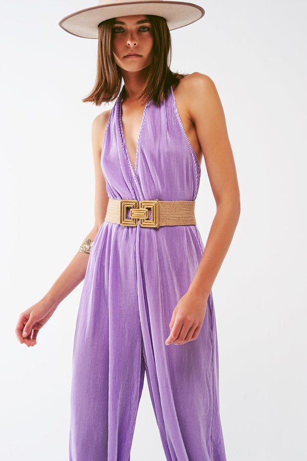 Satin Halter Neck Pleated Maxi Jumpsuit in Lilac