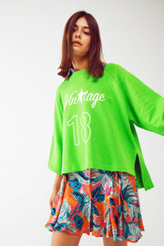 Assymetric Sweatshirt With Vintage 18 Text in Green