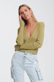 V Neck Ribbed Sweater in Green