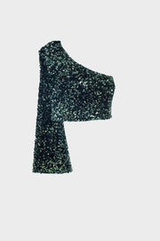 Glitter Top With One Shoulder in Black With Green