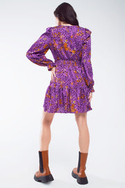 Short Printed Dress With Tiered Skirt and Ruffled Cuff in Purple