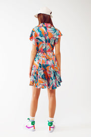 Belted Mini Shirt Dress With Floral Print in Orange