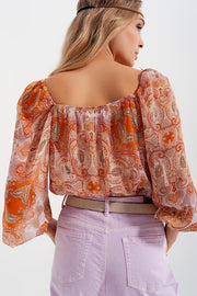 Long Sleeve Sheer Top With Shirred Waist and Tie Detail in Orange