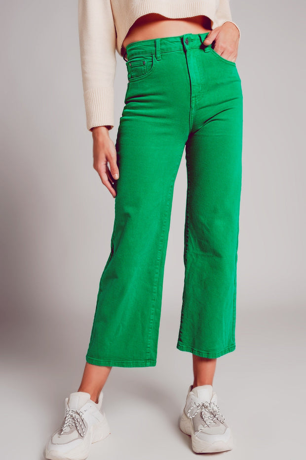 Cropped Wide Leg Jeans in Deep Green