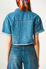 Denim Cropped Shacket in Authentic Blue