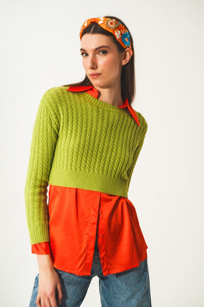 Round Neck Cable Knit Crop Jumper in Lime Green