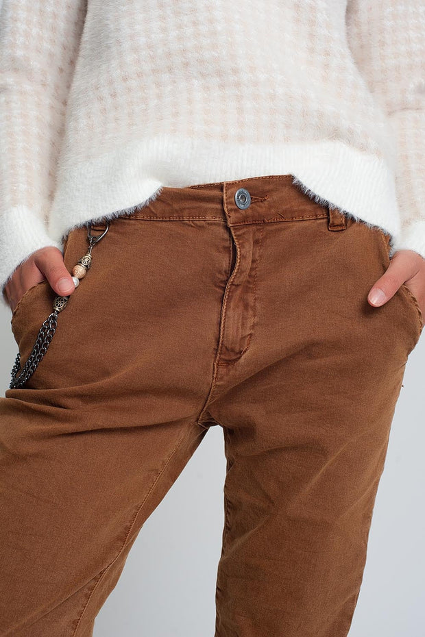 Cuffed Utility Pants With Chain in Brown