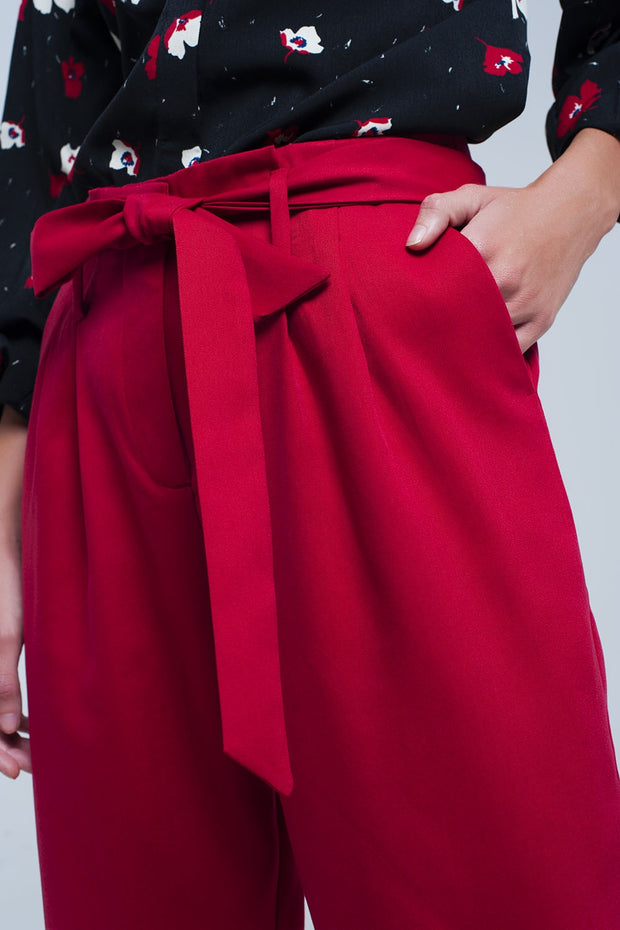 High Waist Red Pants With Belt