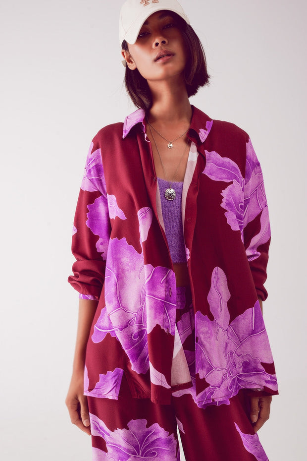 Satin Shirt in Fuchsia With Large Floral Print