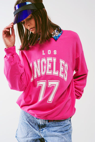 Sweatshirt With Los Angeles 77 Text in Pink