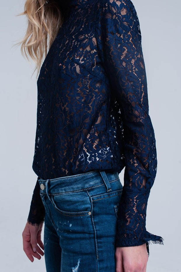 Navy Transparent Lace Shirt