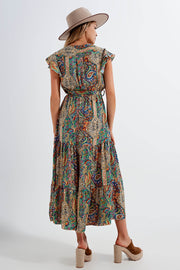 Dressed Ruffle Hem Midaxi Dress in Paisley Print in Green