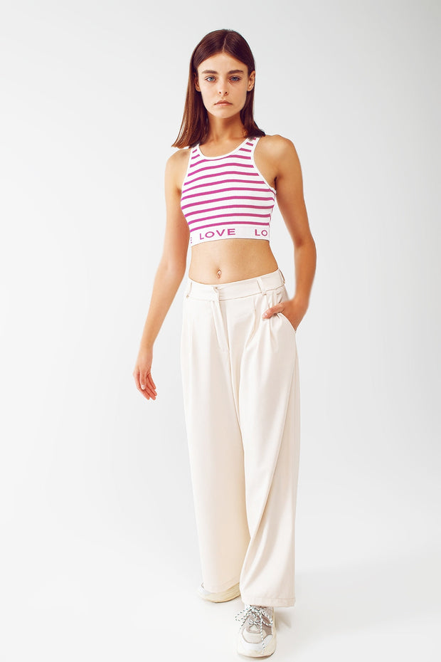 Striped Cropped Top With Love Text in Pink