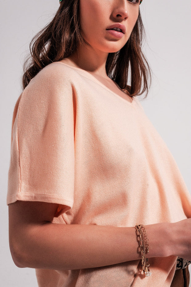 Short Sleeve Jumper With v Neck in Pink