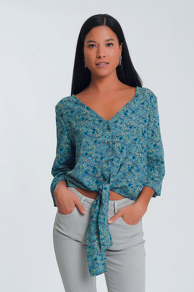 Long Sleeve v Neck Blouse With Button Detail in Green Floral Print