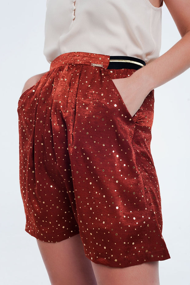 Orange Mini Skirt With Pleats in Gold Polka Dot