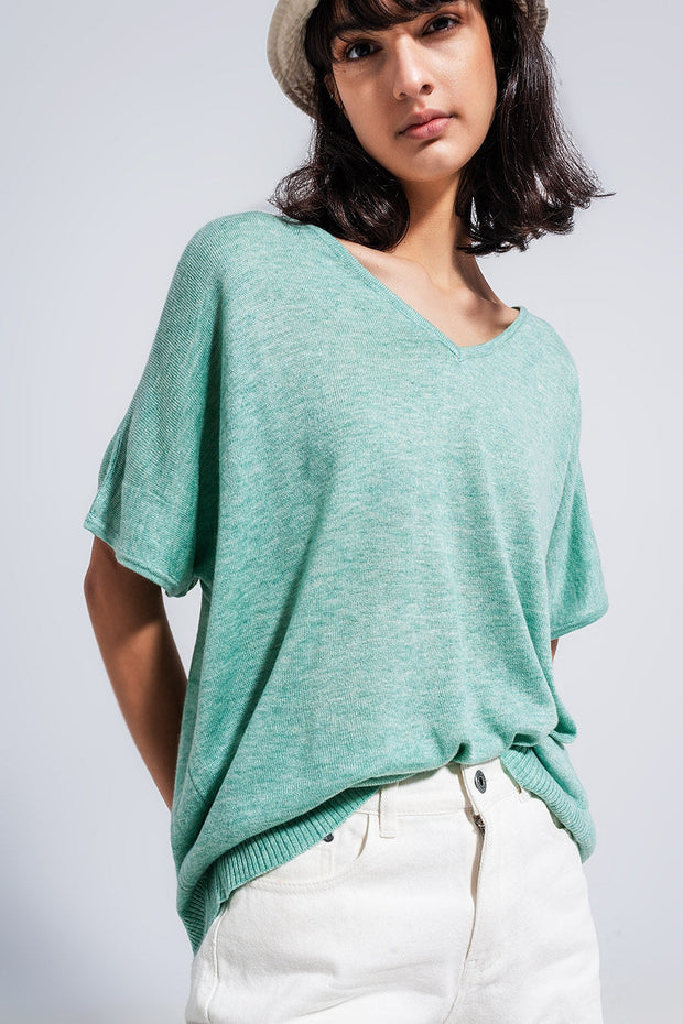 Short Sleeve Jumper in v Neck in Green