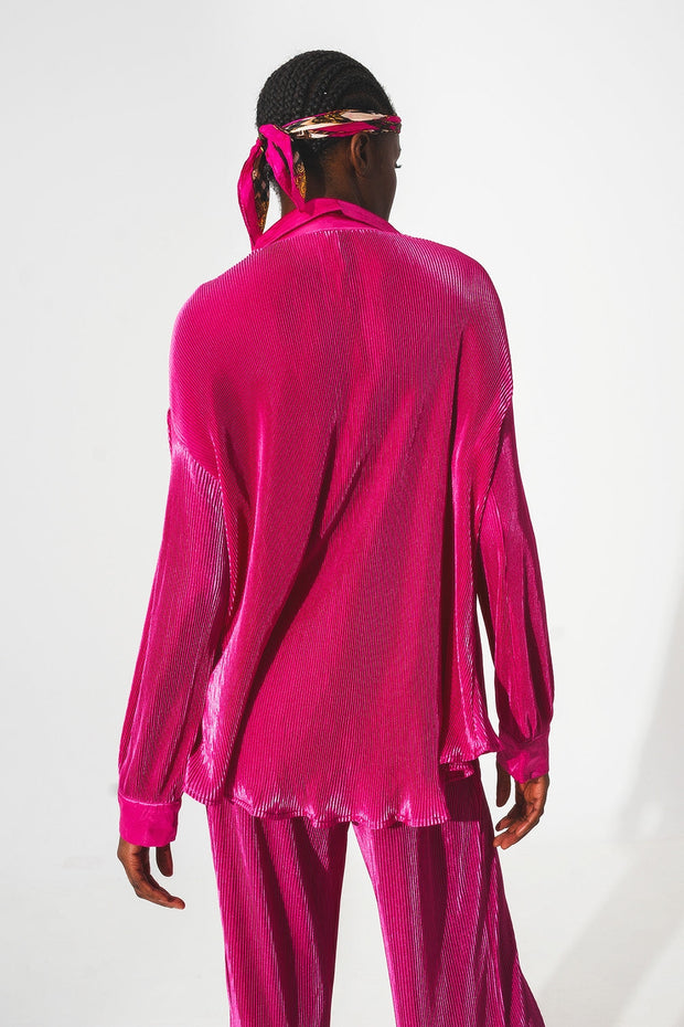 Relaxed Pleated Satin Shirt in Fuchsia