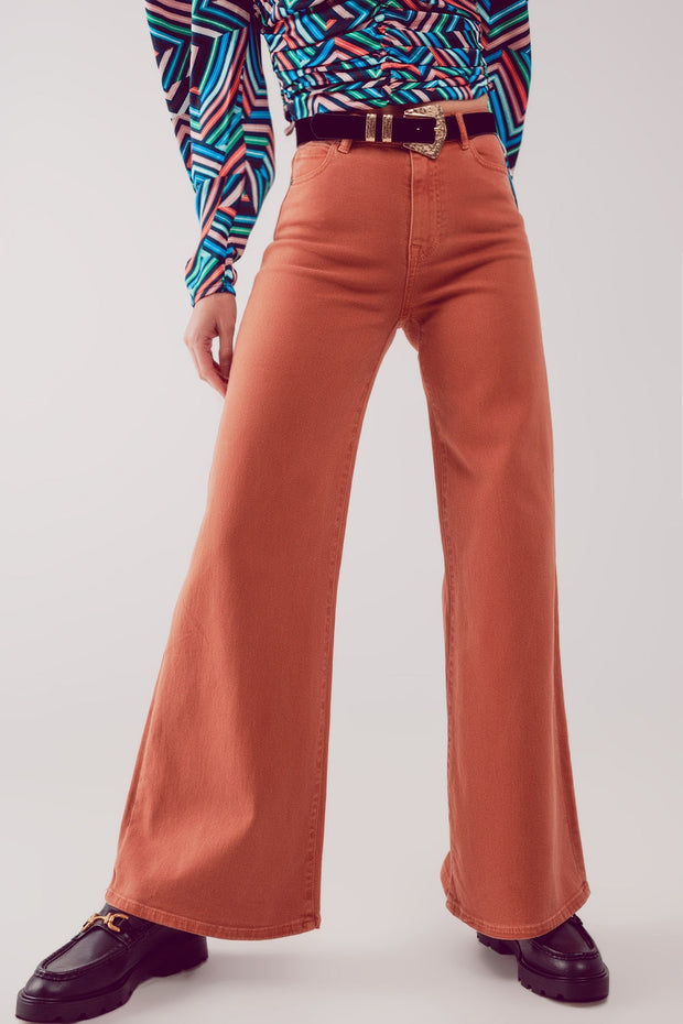 Cotton Blend Wide Leg Jeans in Orange