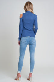 Blue Sweater With One Open Shoulder and High Neck