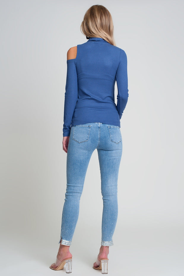 Blue Sweater With One Open Shoulder and High Neck