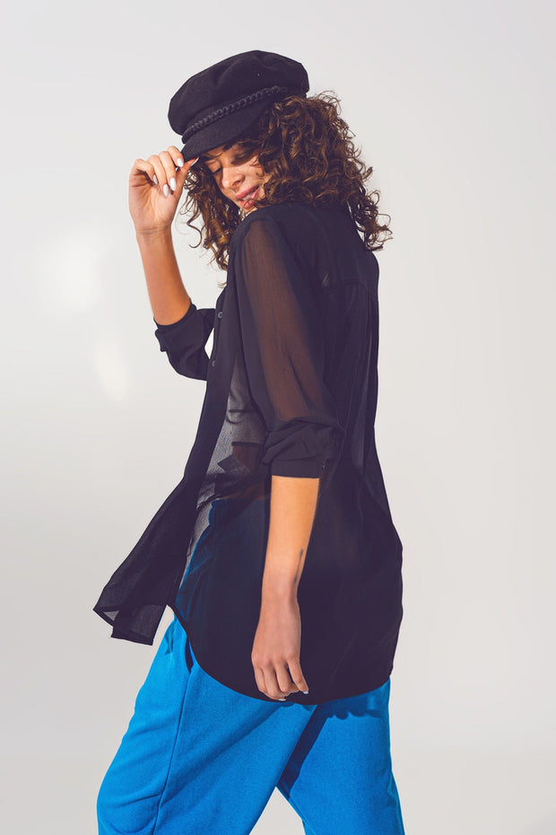 Long Sleeve Chiffon Shirt in Black Color