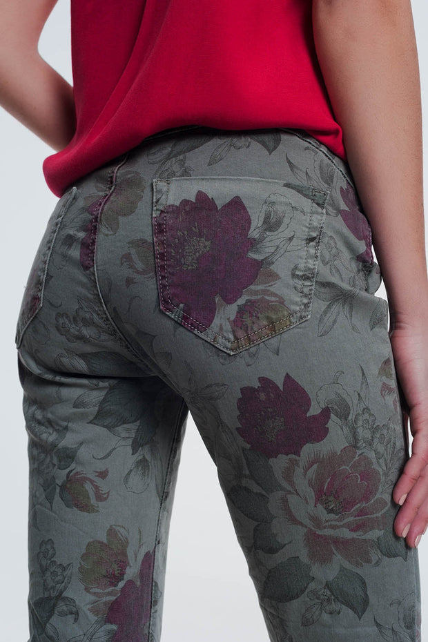 Khaki Boyfriend Jeans With Floral Print