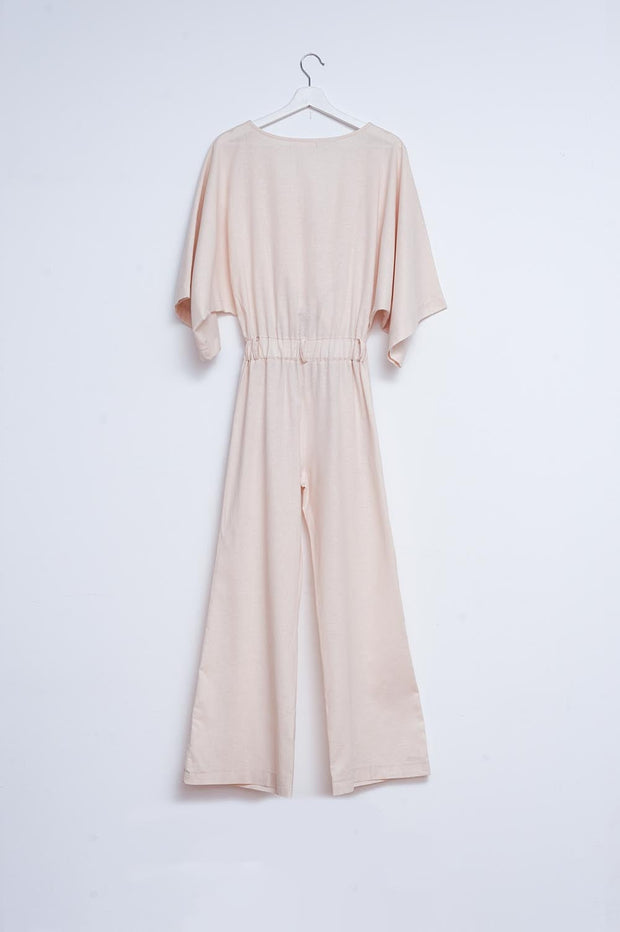 Linen Tie Waist Jumpsuit in Beige