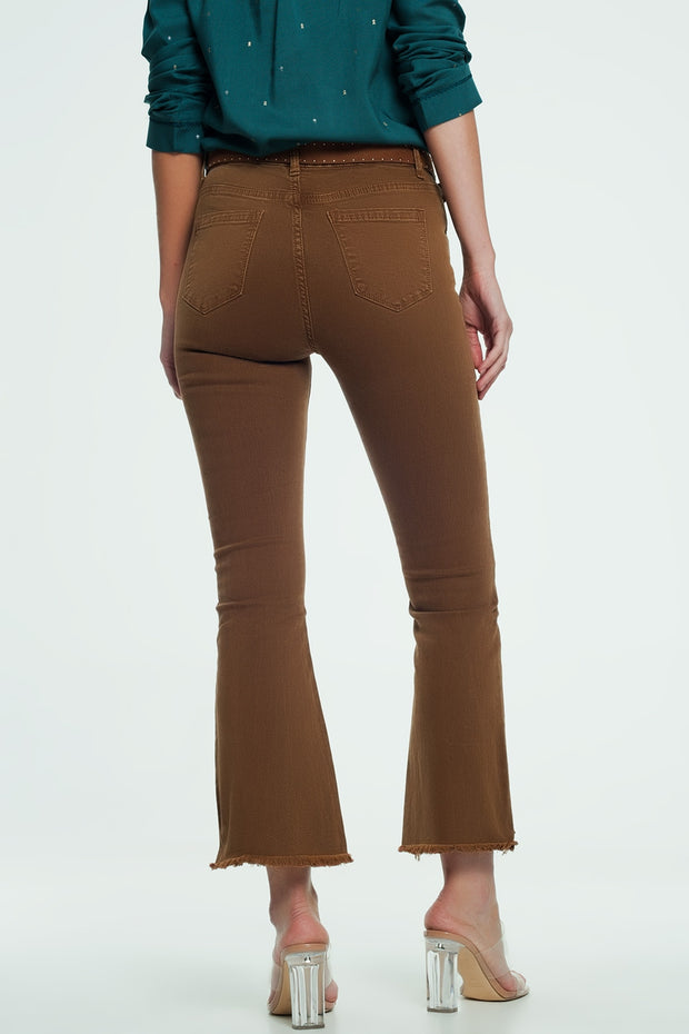 High Rise Raw Hem Flared Jeans in Brown