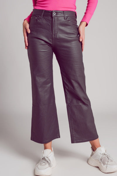 Faux Leather Wide Leg Trouser in Grey