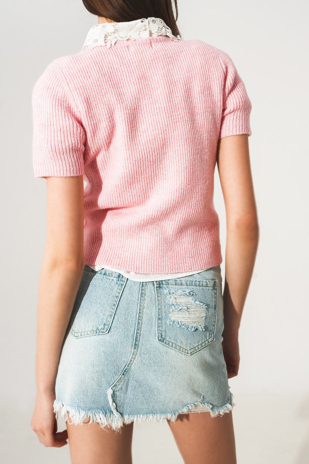 Ribbed Short Sleeve Crop Knitted Top in Pink