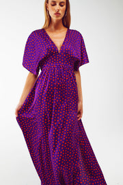 Maxi Cinched at the Waist Dress With Angel Sleeves in Purple Polka Dot