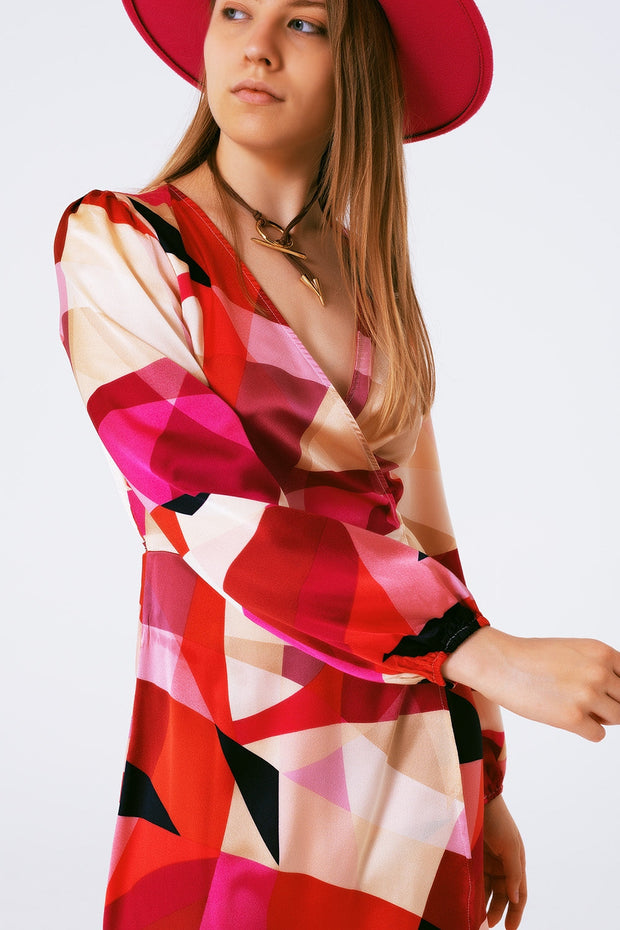 Wrap Short Abstract Print Dress in Fuxia