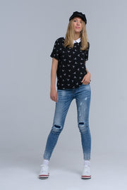 Black Shirt With White Printed Birds