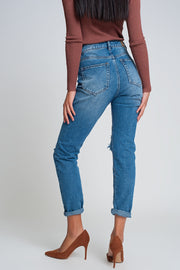 High Waist Mom Jeans With Ripped Knees in Dark Wash Blue