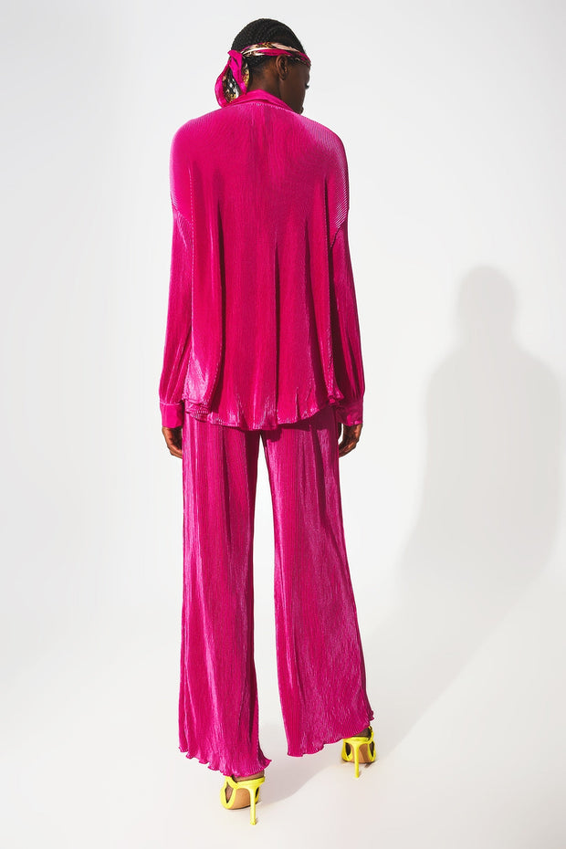 Relaxed Pleated Satin Shirt in Fuchsia