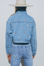 Cropped Denim Jacket With Embellished Hearts in Mid Wash