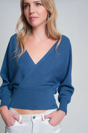 Knitted Sweater With Wrapped V-Neck in Blue