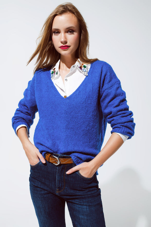 Soft Blue Jumper With Wide V-Neck