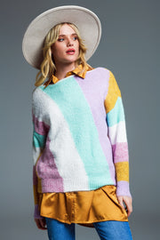 Relaxed Multicolor Diagonal Stripe Sweater With Boat Neck in Pastel Colors