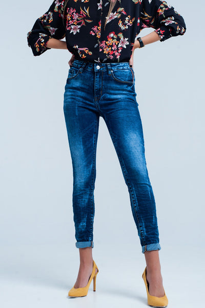 Blue Wrinkled High-Waist Skinny Jeans