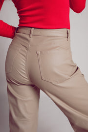 Faux Leather Wide Leg Trouser in Beige