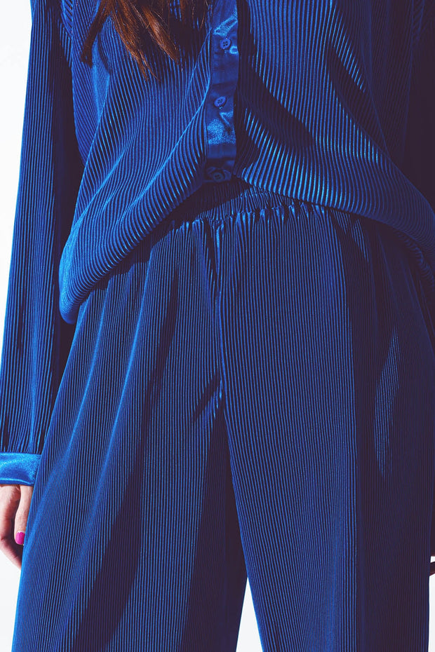 Satin Pleated Wide Leg Pants in Blue