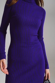 Midi Bodycon Knitted Dress With Turtle Neck in Purple