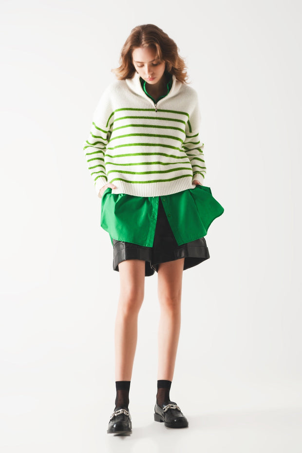 Striped Zip Up Collar Detail Sweater in Green