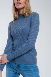 Ribbed Jumper With High Neck in Blue